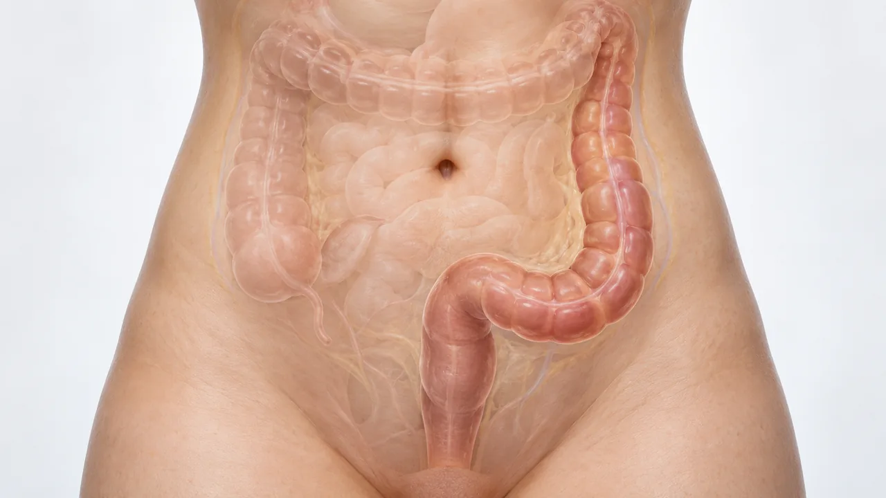 복부 피부 아래 대장과 직장으로 이어지는 부위를 보여주는 설명 그림